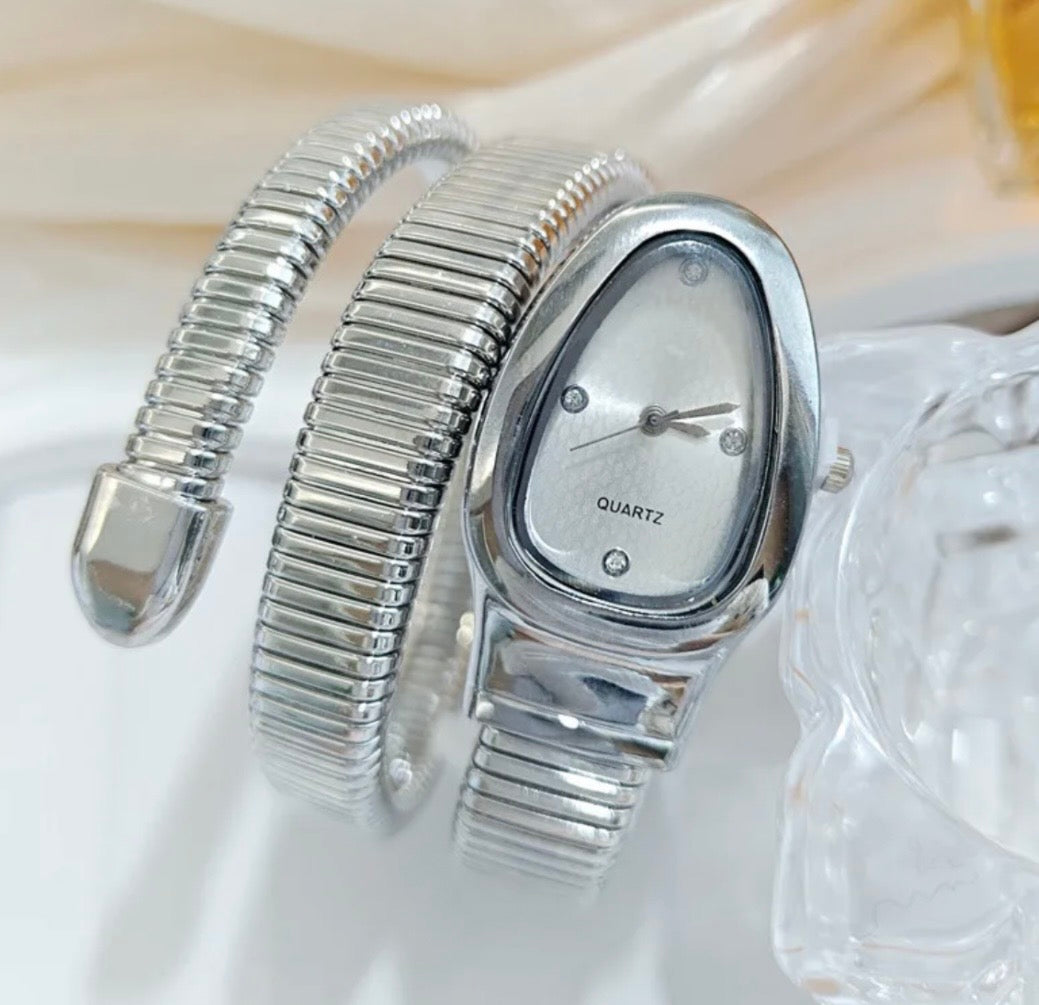 Ρολόι Quartz Snake ασημί με Σπειροειδές Μπρασελέ
