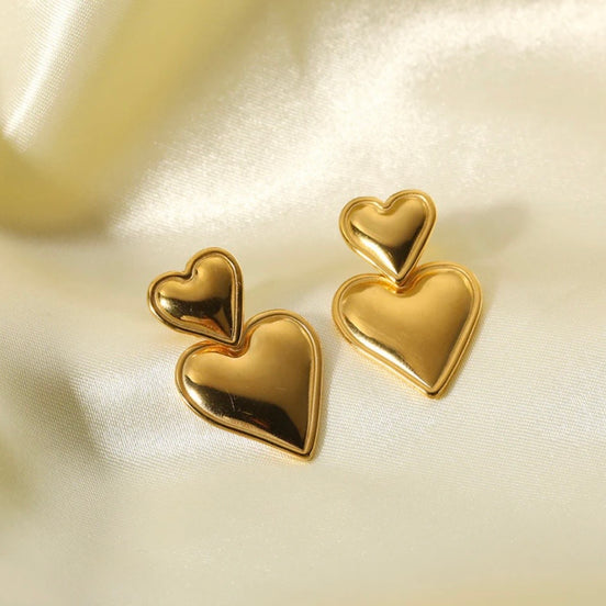 Double Heart Gold Earrings