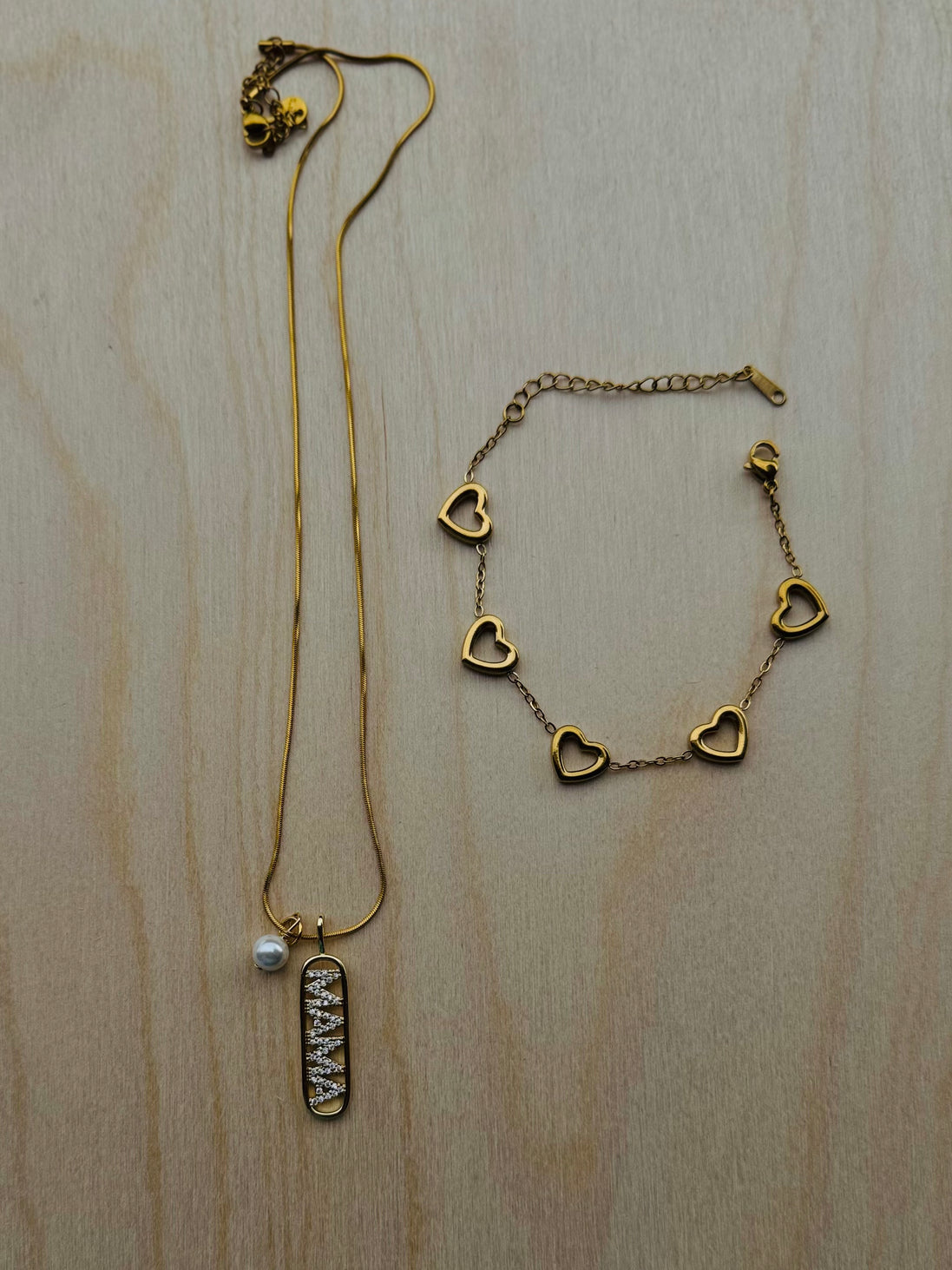 Σετ Κοσμημάτων Mama - Κολιέ Snake Chain & Βραχιόλι Καρδιές