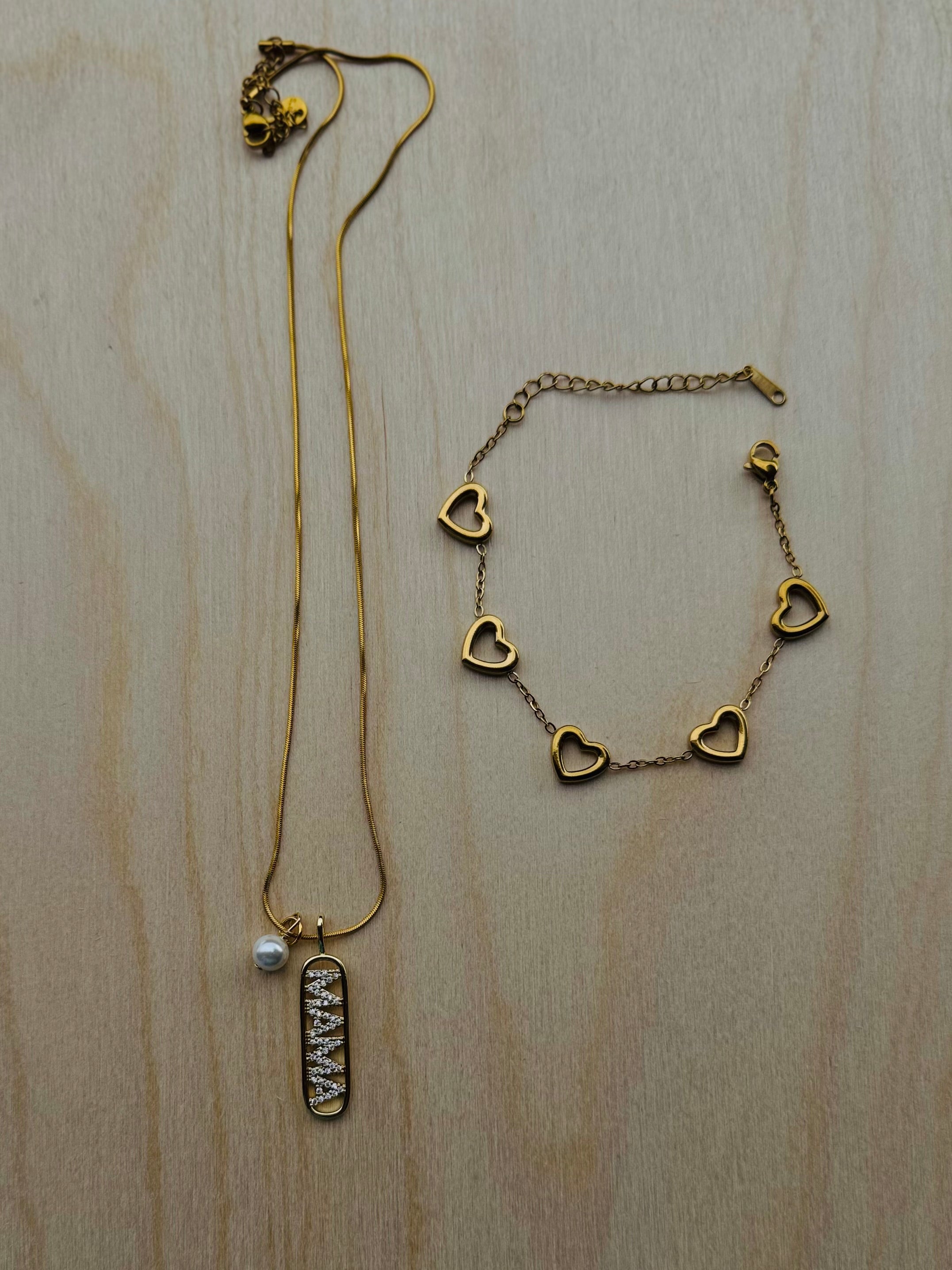 Σετ Κοσμημάτων Mama - Κολιέ Snake Chain & Βραχιόλι Καρδιές