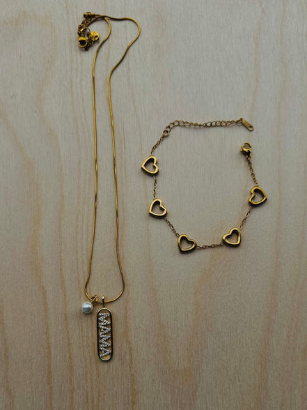 Σετ Κοσμημάτων Mama - Κολιέ Snake Chain & Βραχιόλι Καρδιές