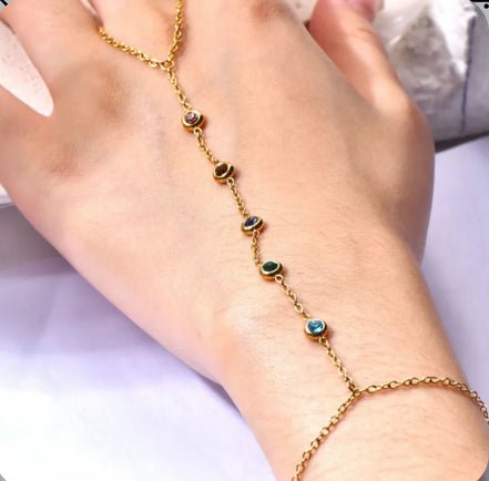 Hand Chain Πολύχρωμο - Χρυσό Βραχιόλι με Δαχτυλίδι