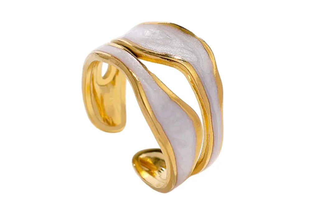 White Enamel Gold Wave Ring